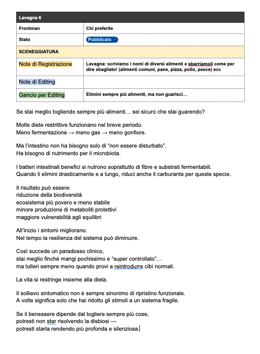 Script operativo reale con hook, sviluppo, CTA e note registiche
