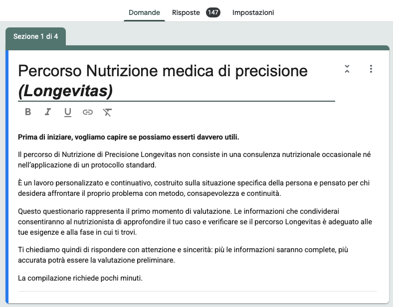 Questionario Google Form: 147 risposte per Percorso Nutrizione medica di precisione (Longevitas)