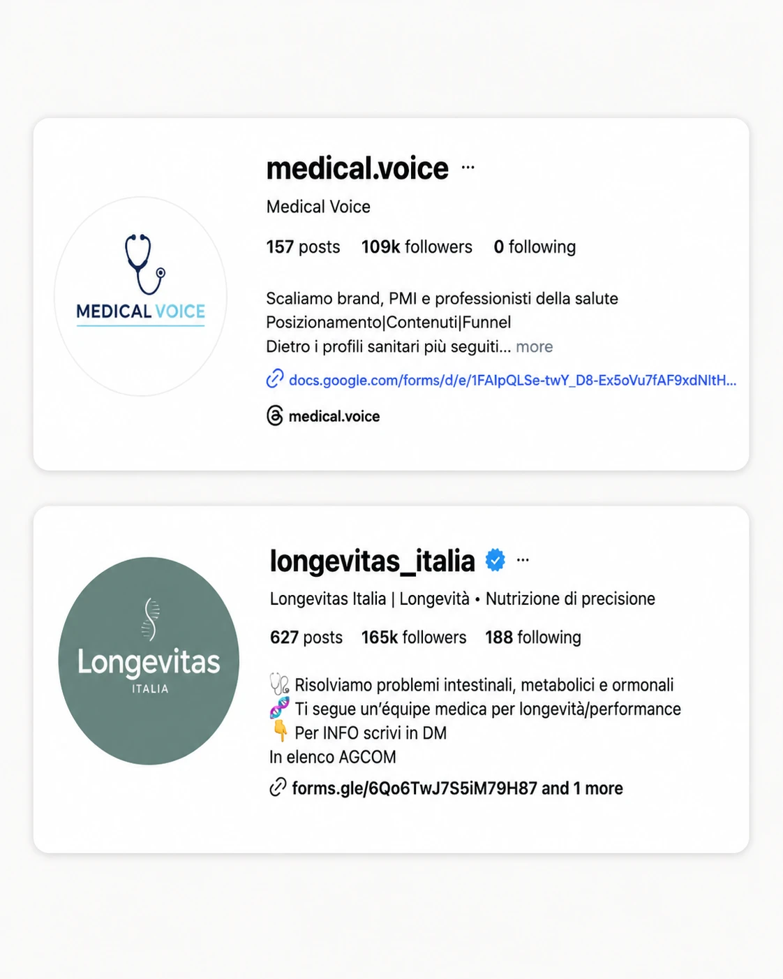 Profili Instagram Longevitas Italia e Medical Voice